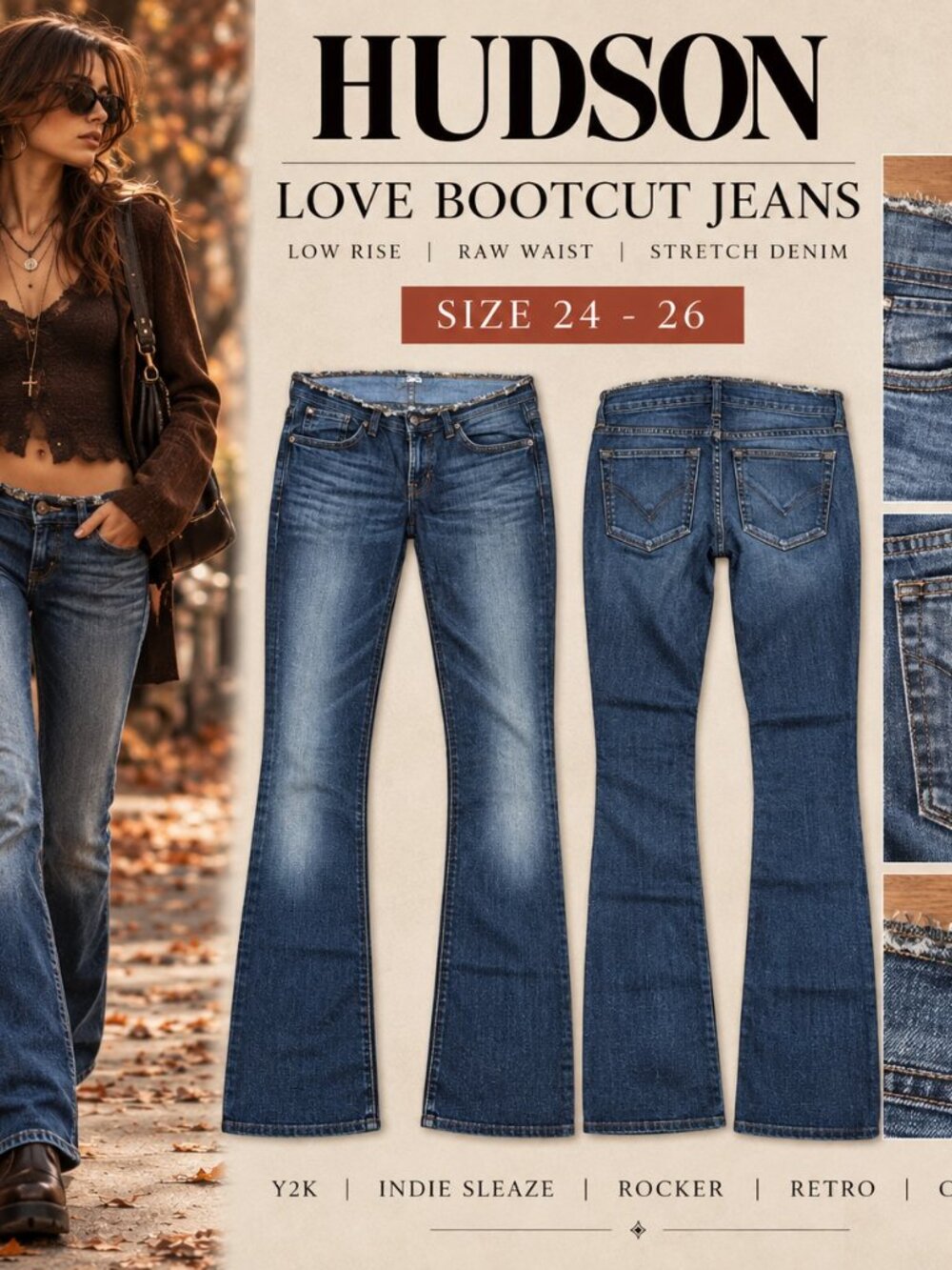 Hudson Love Bootcut Jeans 24 - 26 NWOT Super Low Rise Raw Waist Y2K Indie Sleaze